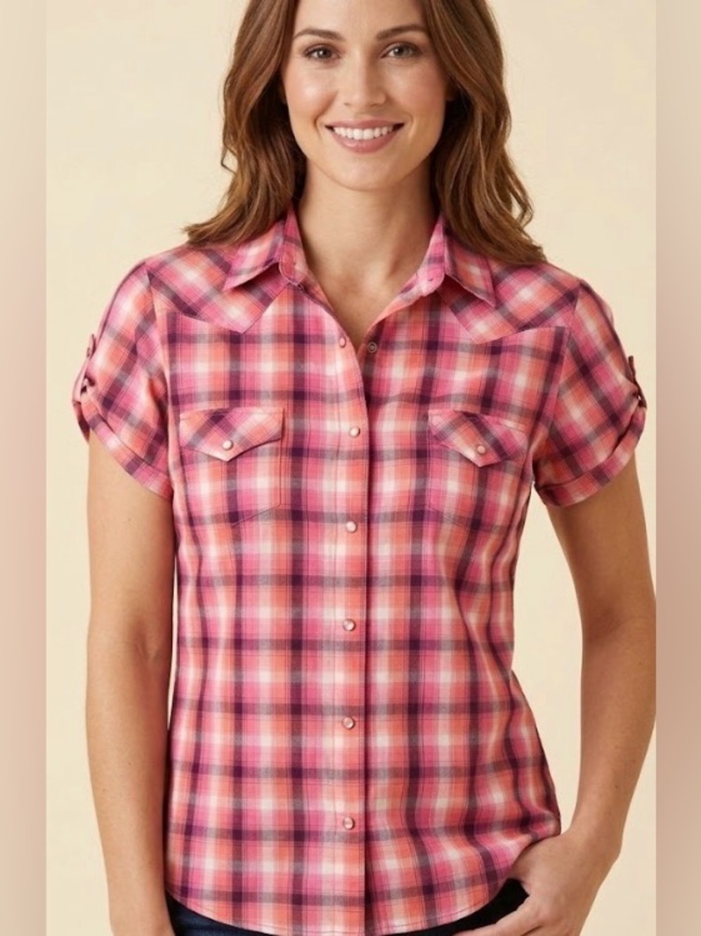 Wrangler size XL western plaid button down pink and orange tones